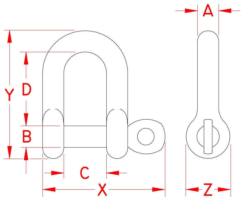 Stainless Steel Straight D Shackle with Captive Pin, S0115-CP04, S0115-CP05, S0115-CP06, S0115-CP08, S0115-CP10, S0115-CP12, Line Drawing